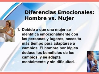 Diferencias Emocionales:  Hombre vs. Mujer Debido a que una mujer se identifica emocionalmente con las personas y lugares, necesita más tiempo para adaptarse a cambios. El hombre por lógica deduce los beneficios de los cambios, y se adapta mentalmente y sin dificultad. 