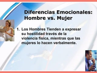 Diferencias Emocionales:  Hombre vs. Mujer Los Hombres Tienden a expresar su hostilidad través de la violencia física, mientras que las mujeres lo hacen verbalmente. 