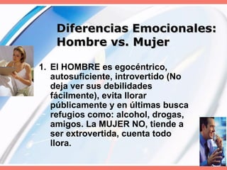 Diferencias Emocionales:  Hombre vs. Mujer El HOMBRE es egocéntrico, autosuficiente, introvertido (No deja ver sus debilidades fácilmente), evita llorar públicamente y en últimas busca refugios como: alcohol, drogas, amigos. La MUJER NO, tiende a ser extrovertida, cuenta todo llora. 