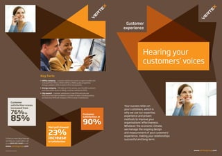 Customer
                                                                                                             experience




                                                                                                                            Hearing your
                                                                                                                            customers’ voices
                                   Key facts
                                   • Utility company – customer satisfaction scores on agent handled calls
                                     increased from 76% in 2006 to 85% in 2008; quality programme
                                     changes yielded a 10% increase in first call resolution.
                                   • Energy company – 5% take up of the service; over 151,000 customers
                                     now have online access to billing; customer satisfaction 81%.
                                   • City council – customer satisfaction is now 90% and unit cost
                                     reductions have been achieved in a number of areas, including parking
                                     and licensing. MORI poll showed a 23% increase in satisfaction.

           Customer
           satisfaction scores                                                                               Your success relies on
           increased from
                                                                                                             your customers, which is
           76% to                                                                          Customer
                                                                                                             why we use our expertise,
                                                                                                             experience and proven
           85%                                                                             satisfaction at

                                                                                           90%
                                                                                                             methods to improve your
                                                                                                             organisations’ effectiveness.
                                             Mori poll showed
                                                                                                             Whatever the economic climate,
                                                                                                             we manage the ongoing design
                                             23%                                                             and measurement of your customers’
                                                                                                             experience, making your relationships
To find out more about how we                increase                                                        successful and long-term.
can help your organisation, call             in satisfaction
us on 0845 051 8400 or visit
www.vertexgroup.com

prop/0085/ds/01/oct09/je                                                                                                                             www.vertexgroup.com
 