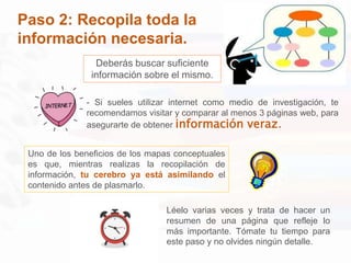 Paso 2: Recopila toda la
información necesaria.
Deberás buscar suficiente
información sobre el mismo.
Léelo varias veces y trata de hacer un
resumen de una página que refleje lo
más importante. Tómate tu tiempo para
este paso y no olvides ningún detalle.
Uno de los beneficios de los mapas conceptuales
es que, mientras realizas la recopilación de
información, tu cerebro ya está asimilando el
contenido antes de plasmarlo.
- Si sueles utilizar internet como medio de investigación, te
recomendamos visitar y comparar al menos 3 páginas web, para
asegurarte de obtener información veraz.
 