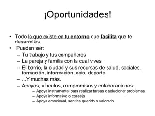 ¡Oportunidades! Todo  lo que existe en tu  entorno  que  facilita  que te desarrolles.  Pueden ser: Tu trabajo y tus compañeros La pareja y familia con la cual vives El barrio, la ciudad y sus recursos de salud, sociales, formación, información, ocio, deporte ...Y muchas más. Apoyos, vínculos, compromisos y colaboraciones: Apoyo instrumental para realizar tareas o solucionar problemas Apoyo informativo o consejo Apoyo emocional, sentirte querido o valorado  