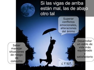 Saber manejar situaciones de riesgo de consumo Superar conflictos emocionales, alteraciones del ánimo Desarrollar un estilo de vida más equilibrado y satisfactorio ¿ Y tú?. Si las vigas de arriba están mal, las de abajo otro tal   