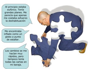 Al principio estaba eufórico. Tenía grandes planes. Me parecía que apenas me costaba esfuerzo la deshabituación Me encontraba inflado como un globo a punto de estallar. Los cambios se me hacían muy rápidos, pero tampoco tenía todas las cartas en mi baraja. 