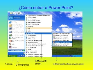 ¿Cómo entrar a Power Point? 1-inicio 2-Programas 3-Microsoft office 4-Microsoft office power point  