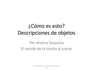¿Cómo es esto?
Descripciones de objetos
Por Andrea Sequeira
El sonido de la hierba al crecer
Andrea Sequeira - El sonido de la hierba al
crecer
 