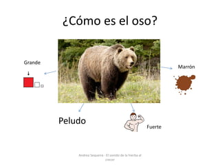 ¿Cómo es el oso?
Peludo
Marrón
Fuerte
Grande
Andrea Sequeira - El sonido de la hierba al
crecer