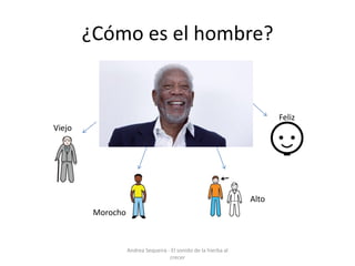 ¿Cómo es el hombre?
Viejo
Morocho
Feliz
Alto
Andrea Sequeira - El sonido de la hierba al
crecer