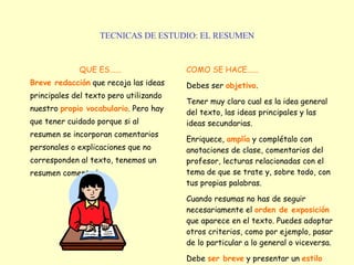 TECNICAS DE ESTUDIO: EL RESUMEN QUE ES...... Breve redacción  que recoja las ideas principales del texto pero utilizando nuestro  propio vocabulario . Pero hay que tener cuidado porque si al resumen se incorporan comentarios personales o explicaciones que no corresponden al texto, tenemos un resumen comentado. COMO SE HACE...... Debes ser  objetivo .   Tener muy claro cual es la idea general del texto, las ideas principales y las ideas secundarias.   Enriquece,  amplía  y complétalo con anotaciones de clase, comentarios del profesor, lecturas relacionadas con el tema de que se trate y, sobre todo, con tus propias palabras.   Cuando resumas no has de seguir necesariamente el  orden de exposición  que aparece en el texto. Puedes adoptar otros criterios, como por ejemplo, pasar de lo particular a lo general o viceversa.   Debe  ser breve  y presentar un  estilo narrativo .   