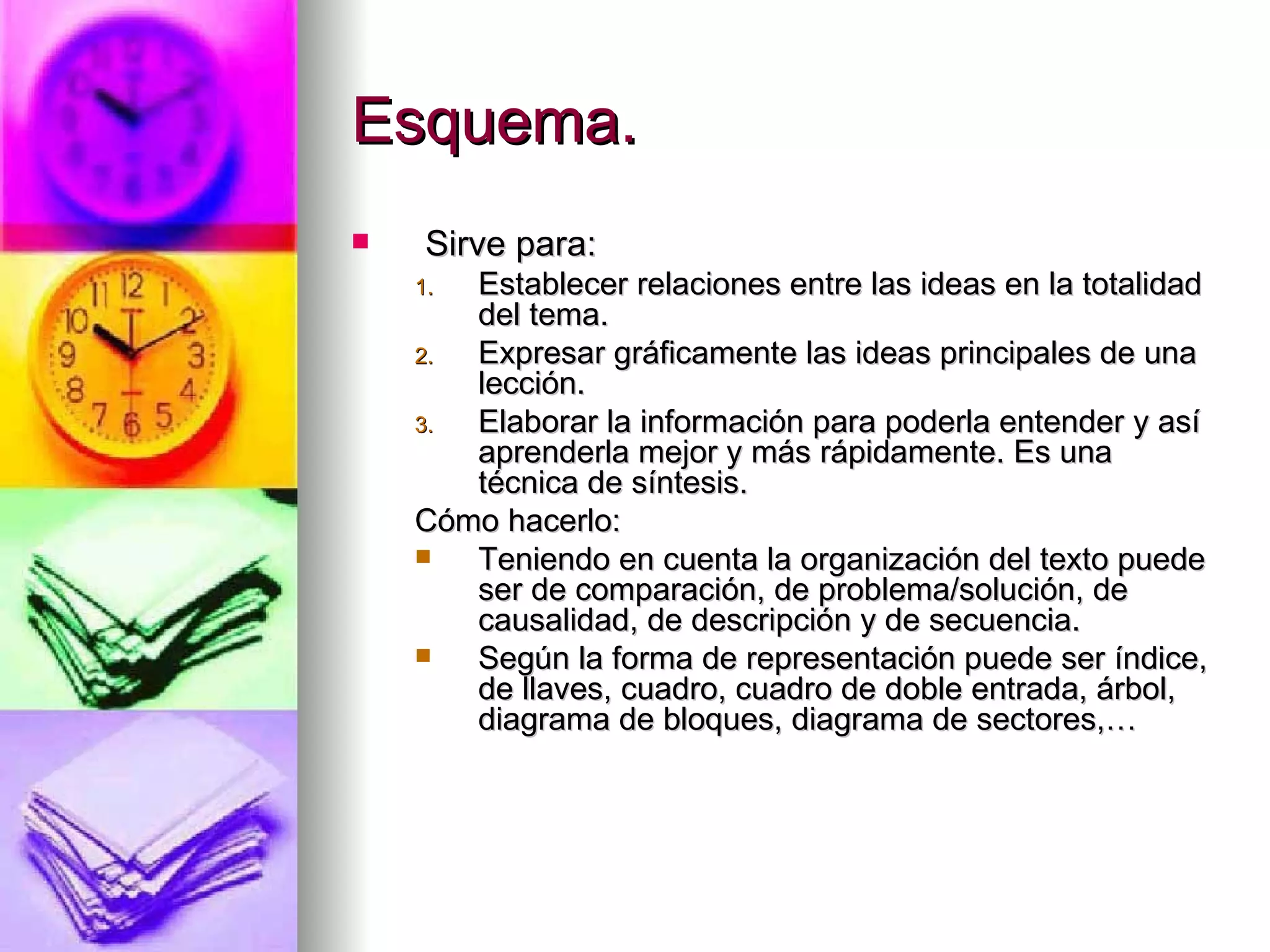 Esquema.
    Sirve para:
    1. Establecer relaciones entre las ideas en la totalidad
       del tema.
    2. Expresar gráficamente las ideas principales de una
       lección.
    3. Elaborar la información para poderla entender y así
       aprenderla mejor y más rápidamente. Es una
       técnica de síntesis.
    Cómo hacerlo:
      Teniendo en cuenta la organización del texto puede
       ser de comparación, de problema/solución, de
       causalidad, de descripción y de secuencia.
      Según la forma de representación puede ser índice,
       de llaves, cuadro, cuadro de doble entrada, árbol,
       diagrama de bloques, diagrama de sectores,…
 