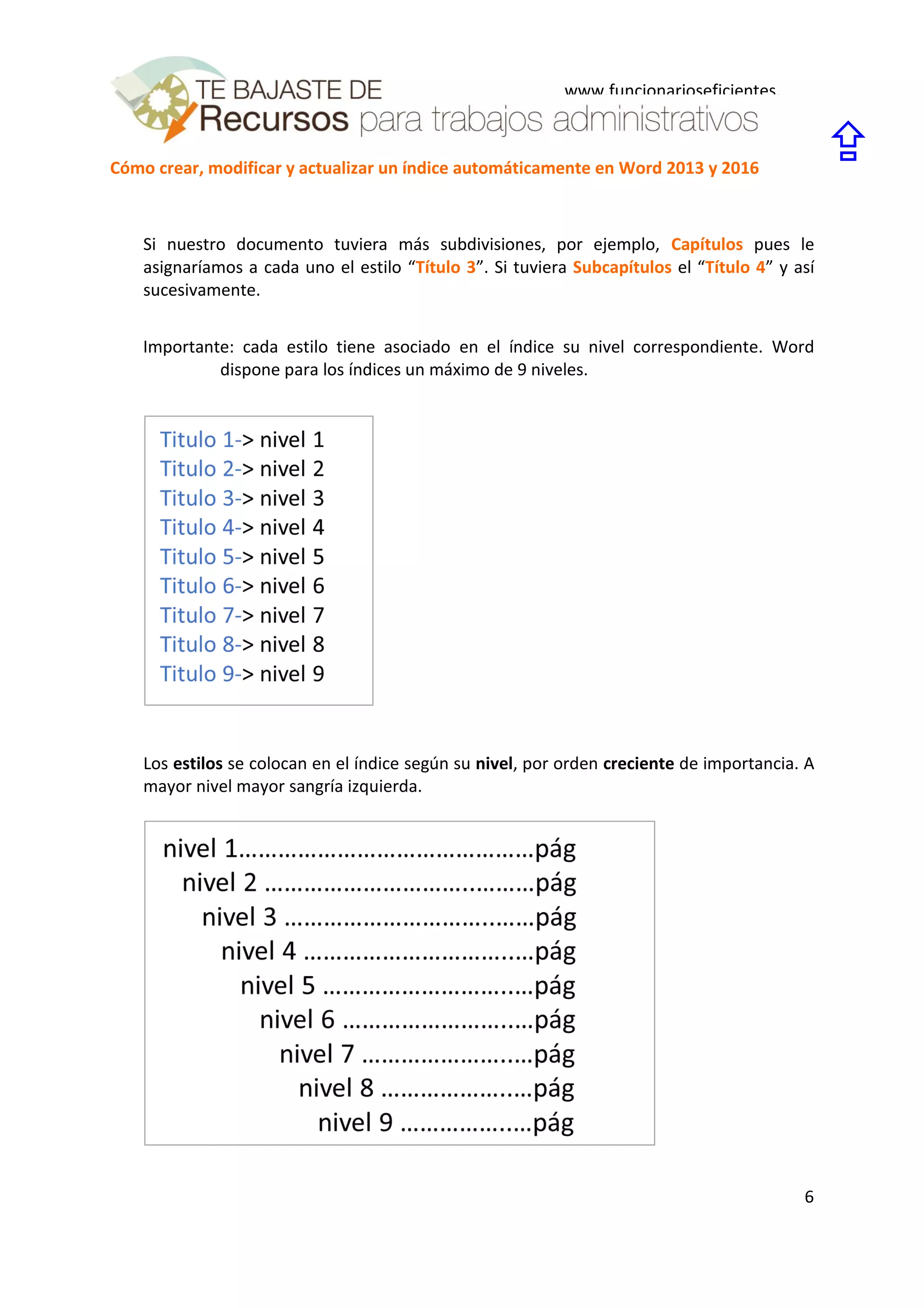 Cómo crear, modificar y actualizar un índice automáticamente en Word 2013 y 2016
6
www.funcionarioseficientes.
es

Si nuestro documento tuviera más subdivisiones, por ejemplo, Capítulos pues le
asignaríamos a cada uno el estilo “Título 3”. Si tuviera Subcapítulos el “Título 4” y así
sucesivamente.
Importante: cada estilo tiene asociado en el índice su nivel correspondiente. Word
dispone para los índices un máximo de 9 niveles.
Los estilos se colocan en el índice según su nivel, por orden creciente de importancia. A
mayor nivel mayor sangría izquierda.
 