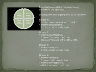 En cada bloque debemos asignarle un contenido, por ejemplo: Supongamos que el programa es un noticiero. Bloque 1:  * Lectura de encabezados  (1 min.) * Información nacional. 6 notas, cada una de 1 min. Bloque 2: * Información Regional. 8 Notas, Cada una de 1 min. Breve comentario entre nota y nota. Bloque 3: * Información local. 8 notas, cada una de 1 min. Bloque 4: * Información local. 3 Notas, cada una de 1 min. * Información deportiva. 4 Notas, cada una de 1 min. 