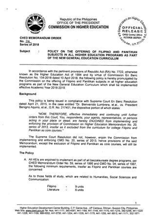 Republic of the Philippines
OFFICE OF THE PRESIDENT
COMMISSION ON HIGHER EDUCATION
CHED MEMORANDUM ORDER
No. 04
Series of 2018
n
OFFICIAL ?.cc
PtELEAS
o
E
CHED Centel Office
'13-0rrEccRop SECTION
cy
•••••!it‘
/lye le T.-
Subject POLICY ON THE OFFERING OF FILIPINO AND PANITIKAN
SUBJECTS IN ALL HIGHER EDUCATION PROGRAMS AS PART
OF THE NEW GENERAL EDUCATION CURRICULUM
In accordance with the pertinent provisions of Republic Act (RA) No. 7722, otherwise
known as the Higher Education Act of 1994 and by virtue of Commission En Banc
Resolution No. 154-2018 dated 10 April 2018, the following policy is hereby promulgated by
the Commission on the offering of Filipino and Panitikan subjects in all higher education
programs as part of the New General Education Curriculum which shall be implemented
effective Academic Year 2018-2019.
Background
This policy is being issued in compliance with Supreme Court En Banc Resolution
dated April 21, 2015, in the case entitled "Dr. Bienvenido Lumbrera, et.al., vs. President
Benigno Aquino, et.al., G.R. No. 217451, the dispositive portion of which states:
"NOW, THEREFORE, effective immediately and continuing until further
orders from this Court, You, respondents, your agents, representatives, or persons
acting in your place or stead, are hereby ENJOINED from implementing and
enforcing the provision of Commission on Higher Education Memorandum No. 20,
series of 2013, insofar as it excluded from the curriculum for college Filipino and
Panitikan as core courses."
The Supreme Court Resolution did not, however, enjoin the Commission from
implementing and enforcing CM° No. 20, series of 2013, hence provisions of the said
Memorandum, except the exclusion of Filipino and Panitikan as core courses, will still be
implemented.
The Policy
A. All HEls are enjoined to implement as part of all baccalaureate degree programs, per
CHED Memorandum Order No. 59, series of 1996 and CM° No. 04, series of 1997,
the following minimum requirements, insofar as Filipino and Panitikan courses are
concerned:
As to those fields of study, which are related to Humanities, Social Sciences and
Communication:
Filipino 9 units
Literature 6 units
1
Higher Education Development Center Building, C.P. Garcia Ave., UP Campus, Diliman, Quezon City, Philippines
Web Site: www.ched.00v.ph Tel. Nos. 441-1177, 385-4391, 441-1169, 441-1149, 441-1170, 441-1216, 392-5296, 441-1220
441-1228, 441-1169, 988-0002, 441-0750, 441-1254, 441-1235, 441-1170, 441-1255, 441-8910, 441-1171, 352-1871
 