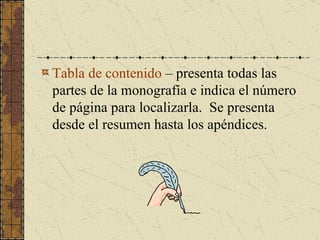 Partes de la monografía Página de título Resumen (abstract) Contenido Referencias Apéndices 