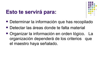 Esto te servirá para: Determinar la información que has recopilado Detectar las áreas donde te falta material Organizar la información en orden lógico .  La organización dependerá de los criterios  que el maestro haya señalado. 