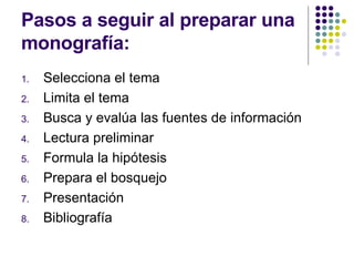 Pasos a seguir al preparar una monografía: Selecciona el tema Limita el tema Busca y evalúa las fuentes de información Lectura preliminar Formula la hipótesis Prepara el bosquejo Presentación Bibliografía 
