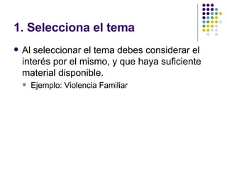 1. Selecciona el tema Al seleccionar el tema debes considerar el interés por el mismo, y que haya suficiente material disponible. Ejemplo: Violencia Familiar 