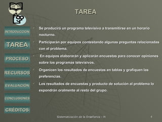 TAREA Se producirá un programa televisivo a transmitirse en un horario nocturno. Participarán por equipos contestando algunas preguntas relacionadas con el problema. En equipos elaborarán y aplicarán encuestas para conocer opiniones sobre los programas televisivos. Organicen los resultados de encuestas en tablas y grafiquen las preferencias. Los resultados de encuestas y producto de solución al problema lo expondrán oralmente al resto del grupo. INTRODUCCIÓN TAREA PROCESO RECURSOS EVALUACIÓN CRÉDITOS CONCLUSIONES 