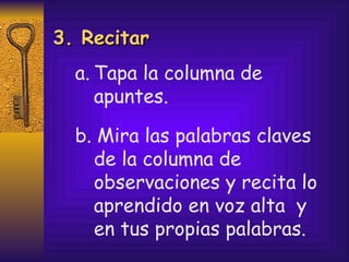 Tapa la columna de  apuntes. b. Mira las palabras claves de la columna de observaciones y recita lo aprendido en voz alta  y  en tus propias palabras. 3. Recitar 