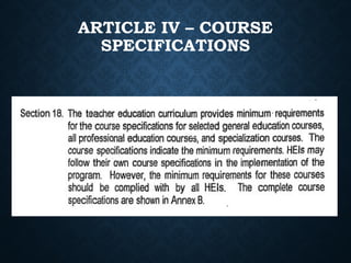 ARTICLE IV – COURSE
SPECIFICATIONS
 