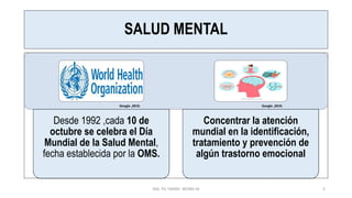 SALUD MENTAL
Desde 1992 ,cada 10 de
octubre se celebra el Día
Mundial de la Salud Mental,
fecha establecida por la OMS.
Concentrar la atención
mundial en la identificación,
tratamiento y prevención de
algún trastorno emocional
MG. PS. FANNY WONG M 2
Google ,2019. Google ,2019.
 