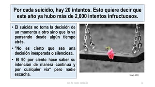Por cada suicidio, hay 20 intentos. Esto quiere decir que
este año ya hubo más de 2,000 intentos infructuosos.
• El suicida no toma la decisión de
un momento a otro sino que lo va
pensando desde algún tiempo
atrás.
• "No es cierto que sea una
decisión inesperada o silenciosa.
• El 90 por ciento hace saber su
intención de manera continua y
por cualquier vía“ pero nadie
escucha.
MG. PS. FANNY WONG M 32
Google ,2019.
 