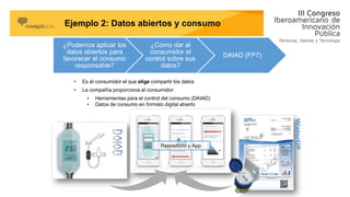 ¿Podemos aplicar los
datos abiertos para
favorecer el consumo
responsable?
¿Cómo dar al
consumidor el
control sobre sus
datos?
DAIAD (FP7)
• Es el consumidor el que elige compartir los datos
• La compañía proporciona al consumidor:
• Herramientas para el control del consumo (DAIAD)
• Datos de consumo en formato digital abierto
WaterUP
Repositorio y App
Ejemplo 2: Datos abiertos y consumo
 