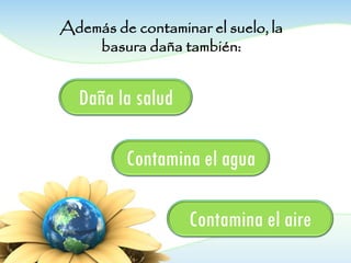 Daña la salud
Además de contaminar el suelo, la
basura daña también:
Contamina el aire
Contamina el agua
 
