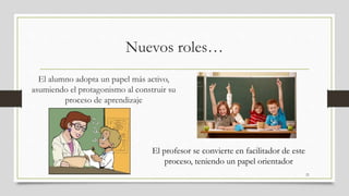 Nuevos roles…
El alumno adopta un papel más activo,
asumiendo el protagonismo al construir su
proceso de aprendizaje
21
El profesor se convierte en facilitador de este
proceso, teniendo un papel orientador
 