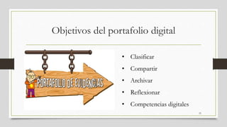 Objetivos del portafolio digital
22
• Clasificar
• Compartir
• Archivar
• Reflexionar
• Competencias digitales
 
