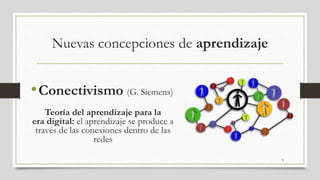 Nuevas concepciones de aprendizaje
•Conectivismo (G. Siemens)
Teoría del aprendizaje para la
era digital: el aprendizaje se produce a
través de las conexiones dentro de las
redes
5
 