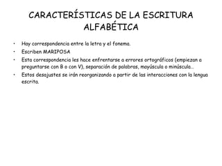 CARACTERÍSTICAS DE LA ESCRITURA ALFABÉTICA Hay correspondencia entre la letra y el fonema. Escriben MARIPOSA Esta correspondencia les hace enfrentarse a errores ortográficos (empiezan a preguntarse con B o con V), separación de palabras, mayúscula o minúscula… Estos desajustes se irán reorganizando a partir de las interacciones con la lengua escrita. 