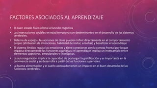 FACTORES ASOCIADOS AL APRENDIZAJE
• El buen estado físico afecta la función cognitiva
• Las interacciones sociales en edad temprana son determinantes en el desarrollo de los sistemas
cerebrales.
• Sistema de espejos: las acciones de otros pueden influir directamente en el comportamiento
propio (atribución de intenciones, habilidad de imitar, enseñar) y beneficiar el aprendizaje
• El sistema límbico regula las emociones y tiene conexiones con la corteza frontal por lo que
impacta directamente las funciones cognitivas: el aprendizaje implica un intercambio entre
elementos cognitivos, emocionales y fisiológicos.
• La autorregulación implica la capacidad de postergar la gratificación y es importante en la
convivencia social y se desarrolla a partir de las funciones superiores.
• La buena alimentación y el sueño adecuado tienen un impacto en el buen desarrollo de las
funionces cerebrales.
 