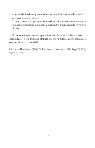 12
• A través del modelaje y la coordinación, enseñar a los estudiantes cómo
cooperar unos con otros.
• Crear circunstancias para que los estudiantes interactúen unos con otros,
para que expresen sus opiniones y evalúen los argumentos de otros estu-
diantes.
Un aspecto importante del aprendizaje social es vincular la escuela con la
comunidad. De esta forma se amplían las oportunidades de los estudiantes
para participar en la sociedad.
Referencias: Brown et al. (1996); Collins, Brown y Newman (1989); Rogoff (1990) y
Vygotsky (1978).
 