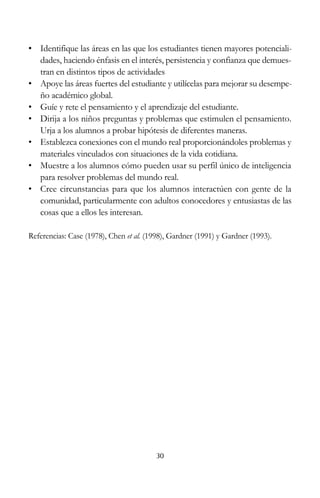 30
• Identifique las áreas en las que los estudiantes tienen mayores potenciali-
dades, haciendo énfasis en el interés, persistencia y confianza que demues-
tran en distintos tipos de actividades
• Apoye las áreas fuertes del estudiante y utilícelas para mejorar su desempe-
ño académico global.
• Guíe y rete el pensamiento y el aprendizaje del estudiante.
• Dirija a los niños preguntas y problemas que estimulen el pensamiento.
Urja a los alumnos a probar hipótesis de diferentes maneras.
• Establezca conexiones con el mundo real proporcionándoles problemas y
materiales vinculados con situaciones de la vida cotidiana.
• Muestre a los alumnos cómo pueden usar su perfil único de inteligencia
para resolver problemas del mundo real.
• Cree circunstancias para que los alumnos interactúen con gente de la
comunidad, particularmente con adultos conocedores y entusiastas de las
cosas que a ellos les interesan.
Referencias: Case (1978), Chen et al. (1998), Gardner (1991) y Gardner (1993).
 