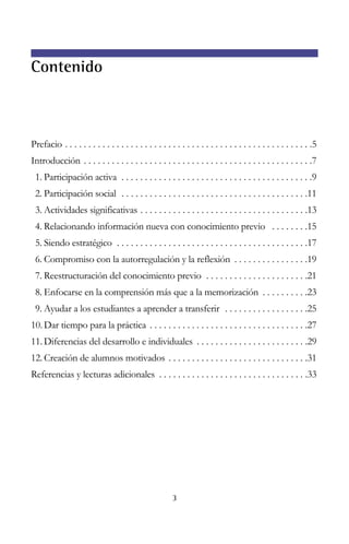 Prefacio . . . . . . . . . . . . . . . . . . . . . . . . . . . . . . . . . . . . . . . . . . . . . . . . . . . . .5
Introducción . . . . . . . . . . . . . . . . . . . . . . . . . . . . . . . . . . . . . . . . . . . . . . . . .7
1. Participación activa . . . . . . . . . . . . . . . . . . . . . . . . . . . . . . . . . . . . . . . . .9
2. Participación social . . . . . . . . . . . . . . . . . . . . . . . . . . . . . . . . . . . . . . . .11
3. Actividades significativas . . . . . . . . . . . . . . . . . . . . . . . . . . . . . . . . . . . .13
4. Relacionando información nueva con conocimiento previo . . . . . . . .15
5. Siendo estratégico . . . . . . . . . . . . . . . . . . . . . . . . . . . . . . . . . . . . . . . . .17
6. Compromiso con la autorregulación y la reflexión . . . . . . . . . . . . . . . .19
7. Reestructuración del conocimiento previo . . . . . . . . . . . . . . . . . . . . . .21
8. Enfocarse en la comprensión más que a la memorización . . . . . . . . . .23
9. Ayudar a los estudiantes a aprender a transferir . . . . . . . . . . . . . . . . . .25
10. Dar tiempo para la práctica . . . . . . . . . . . . . . . . . . . . . . . . . . . . . . . . . .27
11. Diferencias del desarrollo e individuales . . . . . . . . . . . . . . . . . . . . . . . .29
12. Creación de alumnos motivados . . . . . . . . . . . . . . . . . . . . . . . . . . . . . .31
Referencias y lecturas adicionales . . . . . . . . . . . . . . . . . . . . . . . . . . . . . . . .33
3
Contenido
 