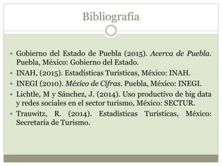Bibliografía
 Gobierno del Estado de Puebla (2015). Acerca de Puebla.
Puebla, México: Gobierno del Estado.
 INAH, (2015). Estadísticas Turísticas, México: INAH.
 INEGI (2010). México de Cifras. Puebla, México: INEGI.
 Lichtle, M y Sánchez, J. (2014). Uso productivo de big data
y redes sociales en el sector turismo, México: SECTUR.
 Trauwitz, R. (2014). Estadísticas Turísticas, México:
Secretaría de Turismo.
 