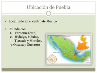 Ubicación de Puebla
• Localizado en el centro de México
• Colinda con:
1. Veracruz (este)
2. Hidalgo, México,
Tlaxcala y Morelos.
3. Oaxaca y Guerrero
 