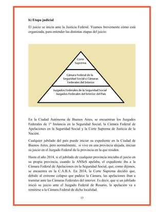 13
b) Etapa judicial
El juicio se inicia ante la Justicia Federal. Veamos brevemente cómo está
organizada, para entender las distintas etapas del juicio:
En la Ciudad Autónoma de Buenos Aires, se encuentran los Juzgados
Federales de 1º Instancia en la Seguridad Social, la Cámara Federal de
Apelaciones en la Seguridad Social y la Corte Suprema de Justicia de la
Nación.
Cualquier jubilado del país puede iniciar su expediente en la Ciudad de
Buenos Aires, pero normalmente, si vive en una provincia alejada, inician
su juicio en el Juzgado Federal de la provincia en la que residen.
Hasta el año 2014, si el jubilado de cualquier provincia iniciaba el juicio en
su propia provincia, cuando la ANSeS apelaba, el expediente iba a la
Cámara Federal de Apelaciones en la Seguridad Social, que, como dijimos,
se encuentra en la C.A.B.A. En 2014, la Corte Suprema decidió que,
debido al extremo colapso que padece la Cámara, las apelaciones iban a
tramitar ante las Cámaras Federales del interior. Es decir, que si un jubilado
inició su juicio ante el Juzgado Federal de Rosario, la apelación va a
remitirse a la Cámara Federal de dicha localidad.
 