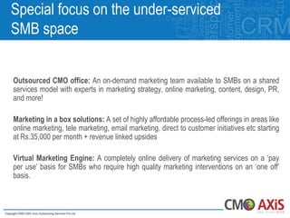 Special focus on the under-serviced
SMB space


Outsourced CMO office: An on-demand marketing team available to SMBs on a shared
services model with experts in marketing strategy, online marketing, content, design, PR,
and more!

Marketing in a box solutions: A set of highly affordable process-led offerings in areas like
online marketing, tele marketing, email marketing, direct to customer initiatives etc starting
at Rs.35,000 per month + revenue linked upsides

Virtual Marketing Engine: A completely online delivery of marketing services on a „pay
per use‟ basis for SMBs who require high quality marketing interventions on an „one off‟
basis.
 
