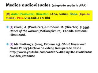 Medios audiovisuales (adaptado según la APA)
[#] Autor (Productor), (Director). (Año, Fecha). Título. [Tipo de
medio]. País. Disponible en: URL
[1] Gladu, A. (Producer), & Brodeur. M. (Director). (1999).
Dance of the warrior [Motion picture]. Canada: National
Film Board.
[2] Manhattan77. (2007, Febrero 25). Ghost Towns and
Death Valley [Archivo de video]. Recuperado desde
http://www.youtube.com/watch?v=RGCnyH6n2sw&featur
e=video_response
 