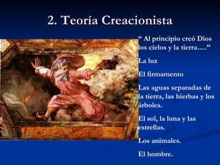 2. Teoría Creacionista “  Al principio creó Dios los cielos y la tierra.....” La luz El firmamento Las aguas separadas de la tierra, las hierbas y los árboles. El sol, la luna y las estrellas. Los animales. El hombre. 