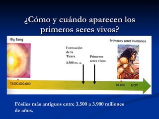¿Cómo y cuándo aparecen los primeros seres vivos? Fósiles más antiguos entre 3.500 a 3.900 millones de años. Primeros seres vivos Formación de la Tierra  4.500 m. a. 