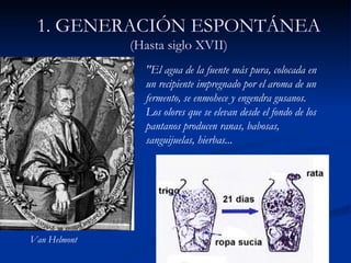 "El agua de la fuente más pura, colocada en un recipiente impregnado por el aroma de un fermento, se enmohece y engendra gusanos. Los olores que se elevan desde el fondo de los pantanos producen ranas, babosas, sanguijuelas, hierbas... 1. GENERACIÓN ESPONTÁNEA (Hasta siglo XVII) Van Helmont 