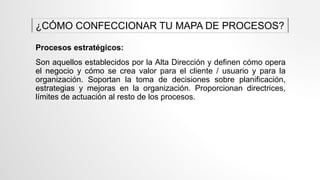 Procesos estratégicos:
Son aquellos establecidos por la Alta Dirección y definen cómo opera
el negocio y cómo se crea valor para el cliente / usuario y para la
organización. Soportan la toma de decisiones sobre planificación,
estrategias y mejoras en la organización. Proporcionan directrices,
límites de actuación al resto de los procesos.
¿CÓMO CONFECCIONAR TU MAPA DE PROCESOS?
 