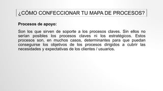 Procesos de apoyo:
Son los que sirven de soporte a los procesos claves. Sin ellos no
serían posibles los procesos claves ni los estratégicos. Estos
procesos son, en muchos casos, determinantes para que puedan
conseguirse los objetivos de los procesos dirigidos a cubrir las
necesidades y expectativas de los clientes / usuarios.
¿CÓMO CONFECCIONAR TU MAPA DE PROCESOS?
 