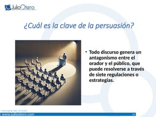www.juliootero.com
Universidad de Cádiz 13/12/2024
• Todo discurso genera un
antagonismo entre el
orador y el público, que
puede resolverse a través
de siete regulaciones o
estrategias.
¿Cuál es la clave de la persuasión?
19
 