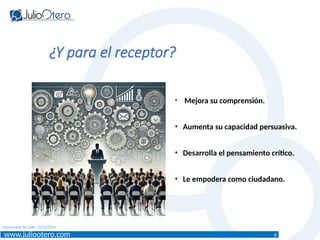 www.juliootero.com
Universidad de Cádiz 13/12/2024
• Mejora su comprensión.
• Aumenta su capacidad persuasiva.
• Desarrolla el pensamiento crítico.
• Le empodera como ciudadano.
¿Y para el receptor?
6
 