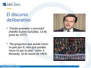 www.juliootero.com
Universidad de Cádiz 13/12/2024
El discurso
deliberativo
• “Puedo prometer y prometo”
(Adolfo Suárez González, 13 de
junio de 1977).
• “No preguntes qué puede hacer
tu país por ti, sino qué puedes
hacer tú por tu país” (John. F.
Kennedy, 10 de enero de 1961)
9
 