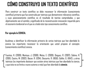 CÓMO CONSTRUYO UN TEXTO CIENTÍFICO
Para construir un texto científico se debe reconocer la información (conocimiento
científico) primaria que fue construida por teóricos que demostraron relevancia científica,
y cuyo posicionamiento científico es el resultado de teorías comprobadas, y que
objetivamente son el sentido y significado de la reconstrucción-innovación requerida para
el escenario tendencial en el que es citado éste tipo conocimiento científico.


Por ejemplo la CIENCIA.

Acudimos a identificar la información primaria de varios teóricos que han abordado la
ciencia (es importante reconocer la orientación que usted propone al concepto
(conocimiento científico) ciencia.


Fuentes, H. (2009), Montoya, J. (2008), Matos, E. (2009), Dieguez, R. (2007), Sabino, H.
(2001), Castro, M. (2002), Bacon, R. (1294), Descarte, R. (1650), Galilei, G. (1642), y otros
teóricos (es importante destacar que existen otros teóricos que han abordado la ciencia,
y que ésta no se limita a nueve autores o más) que han abordado la ciencia.
 